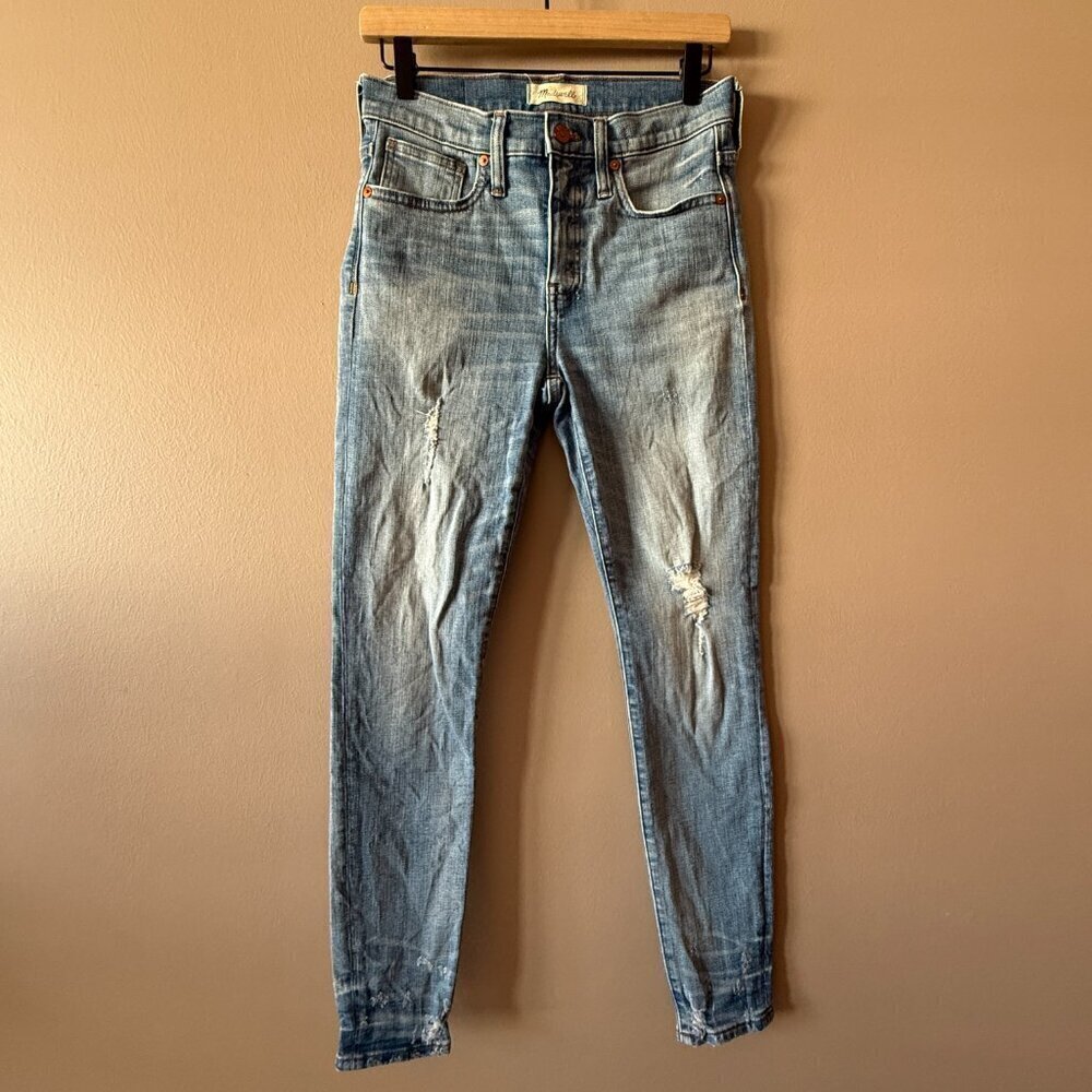 Women's 26 Madewell 9” High Rise Skinny Light Blue Jeans Destructed Hem Edition - Picture 2 of 7